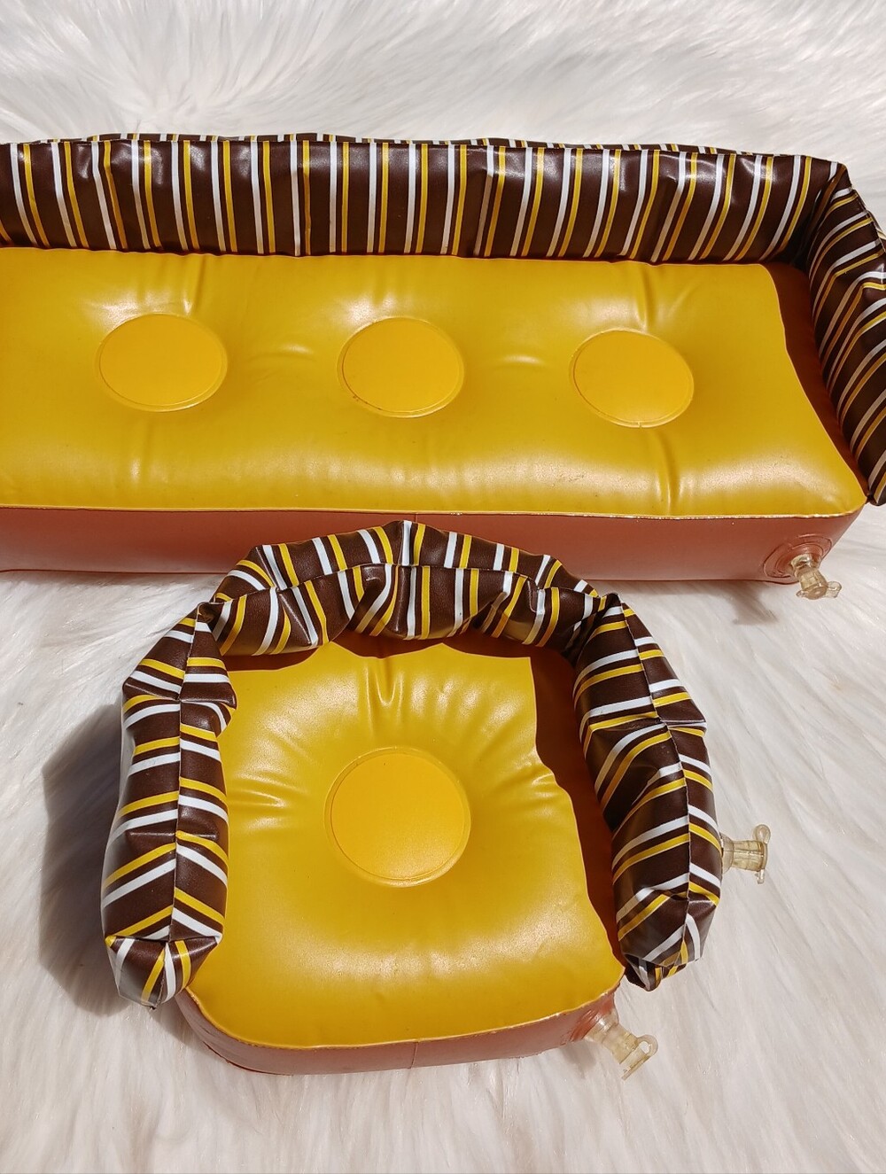 Vintage Barbie Inflatable Furniture Puff n Play Couch Chair Brown Yellow Striped